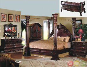 King Cherry Poster Canopy Bed w/ Leather 6 piece Bedroom set w/ Chest & Bench