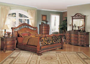 King Cherry Sleigh Bed Marble 5pc Bedroom Furniture Set
