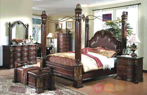 King Poster Canopy Bed 8 Piece Bedroom Set w/ Bench, Chest & TVChest Marble Tops