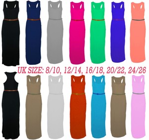 Plain Black Maxi Dress on Vest Maxi Dress Womens Plain Racer Back Belted Maxi Dress 8 26   Ebay