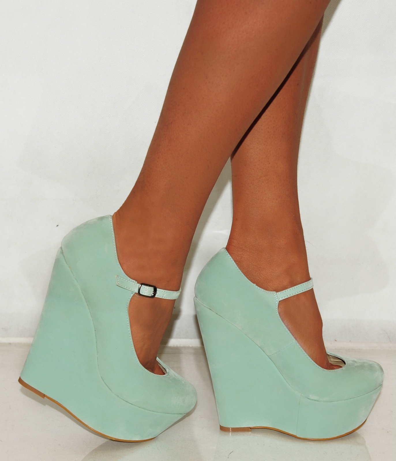 LADIES WOMEN SUEDE MINT GREEN BLUE PLATFORM WEDGES HIGH HEELS SHOES ...