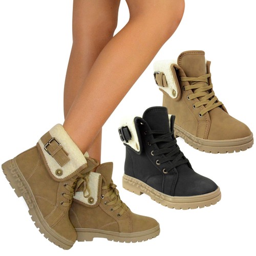 LADIES WOMENS ARMY COMBAT FLAT GRIP SOLE FUR LINED WINTER ANKLE BOOTS SHOES SIZE