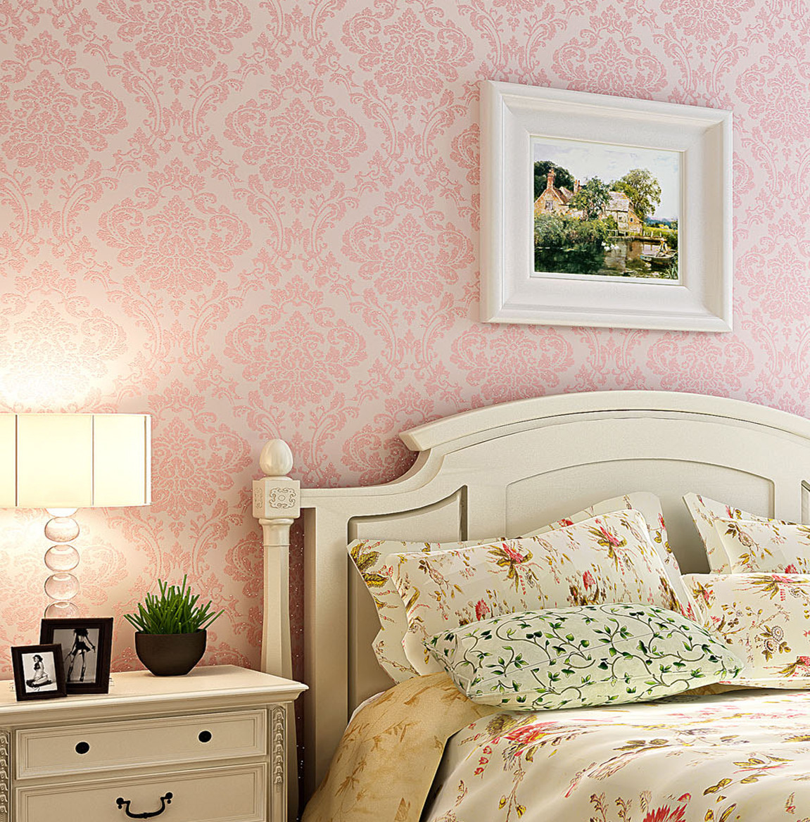 ... Vintage Light Pink Damask Nonwoven Wallpaper Bedroom Wallpaper | eBay
