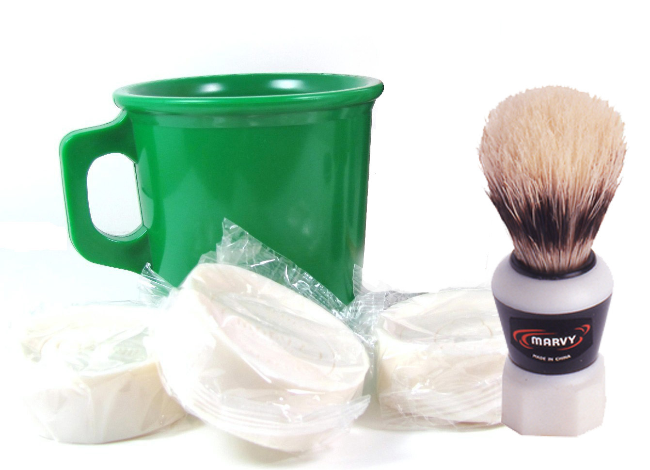 MARVY SHAVE KIT , 923 SHAVE BRUSH, GREEN SHAVE MUG, AND 3CAKE SOAPS