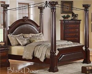 NEO RENAISSANCE KING CANOPY BED WITH LEATHER INLAY ON THE HEADBOARD & FOOT -NEW!