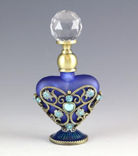 NEW BLUE 2-SIDES DECORATIVE MOTIF HEART SHAPED SANDBLASTED GLASS PERFUME BOTTLE in Collectibles, Vanity, Perfume & Shaving, Perfumes | eBay