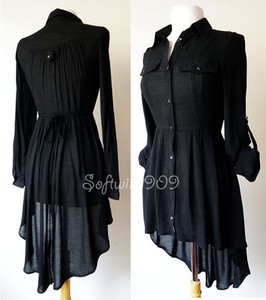 Blackshirt Dress on Black Button Down Long Sleeve High Low Hi Lo Hemline Tunic Top Shirt