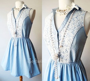 White  Dress on Light Denim Blue White Lace Trim Western Boho Chic Sun Dress   Ebay