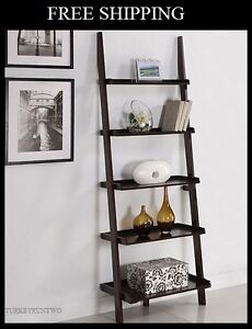 NEW Wood 5 Tier Ladder Book Shelf Shelves Bookcase Walnut Brown Finish ShipsFree
