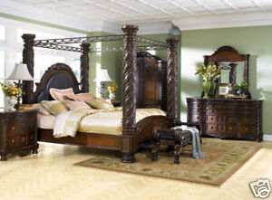 NORTH SHORE - 5pcs TRADITIONAL CHERRY KING CANOPY MARBLE BEDROOM SET FURNITURE
