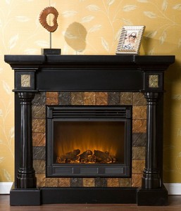 New Black Electric Fireplace with Slate Tile Surround for