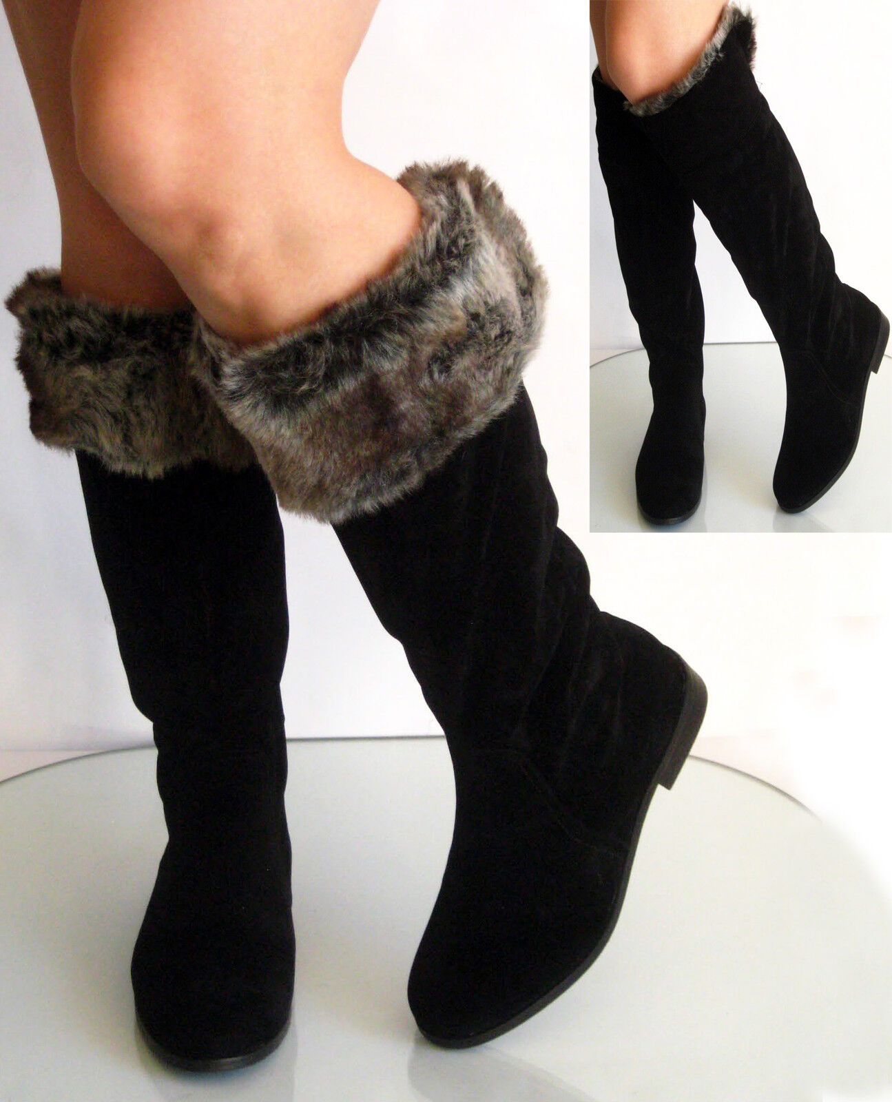 New Fur Cuff Round Toe Knee High Low Flat Heel Boot Pleasant14 Black Suede 610 eBay