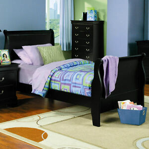 New Louis Philippe Twin Size Sleigh Bed Frame + 1 Nightstand BLACK