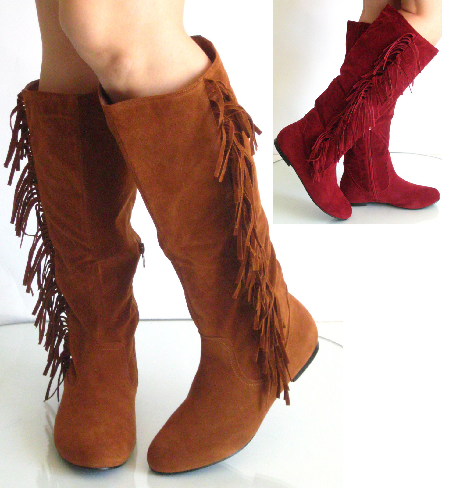 New Womens Round Toe Flat Heel Knee High Fringe Boot Suede Red Tan ...