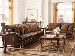 Leather Chairs on Traditional Brown Bonded Leather Sofa Couch Set Living Room Furniture