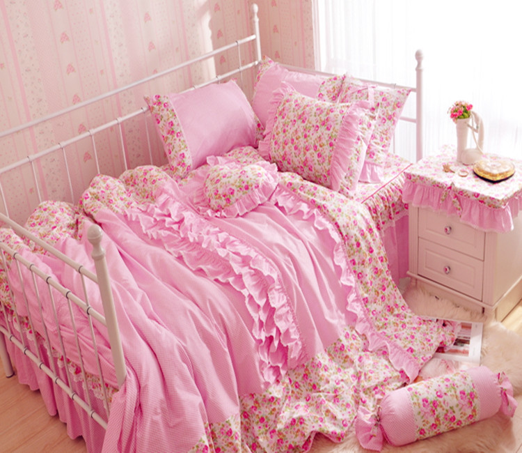 Pink Pastoral Girls Lace Ruffle Bowtie Twin Full Queen Size Bedding