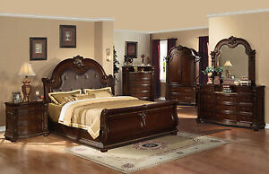 QUEEN BEDROOM COLLECTION ANONDALE CHERRY FINISH LEATHER MARBLE 5 PIECE SET
