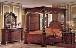 ROYAL CANTERBURY ORNATE QUEEN KING CANOPY CHERRY FINISH WOOD MARBLE BEDROOM SET
