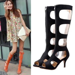 ... High Heels Open Toe Knee High Gladiator Zipper Cut Out Boots Sandals