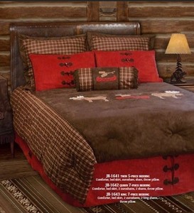 ... Bedding Set Comforter Moose Canoe Plaid Red Brown Lodge New | eBay