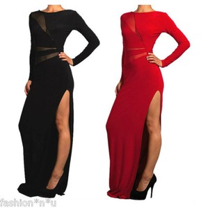  Long Dress on Red Sheer Mesh Panel Long Slv High Side Slit Cocktail Long Maxi Dress