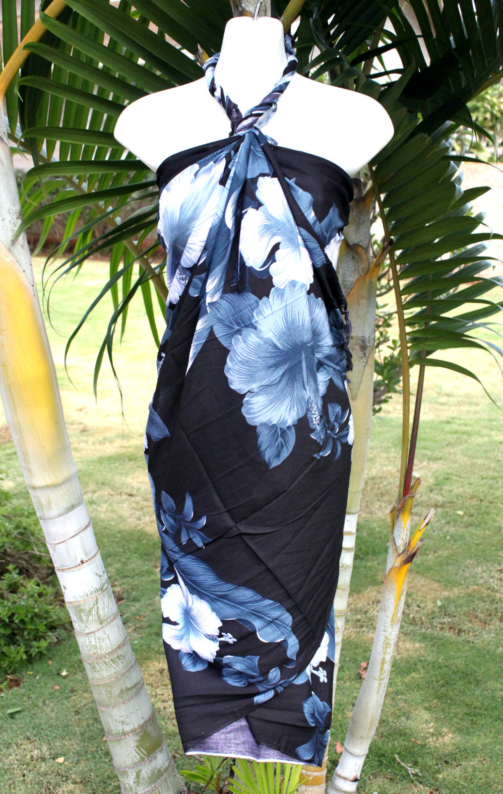 Sarong Hawaiian Beach Coverup Skirt Wrap Dress BLACK WITH LARGE GRAY