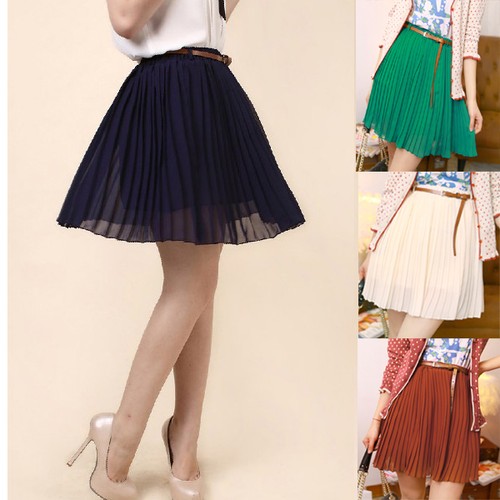 Sexy Women/Girls Retro Pleated Chiffon Waist Short Dress Mini TuTu Skirt & Belt