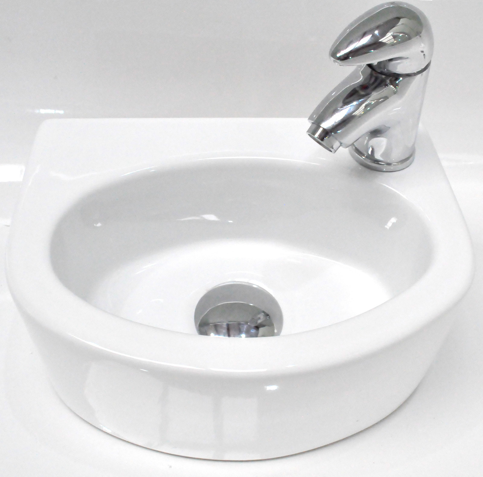 Small Compact Round D Shaped Cloakroom Basin Bathroom Sink Right Wall ...