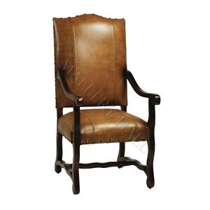 Spanish Leather Large Nail Head Arm Dining Chairs (2)