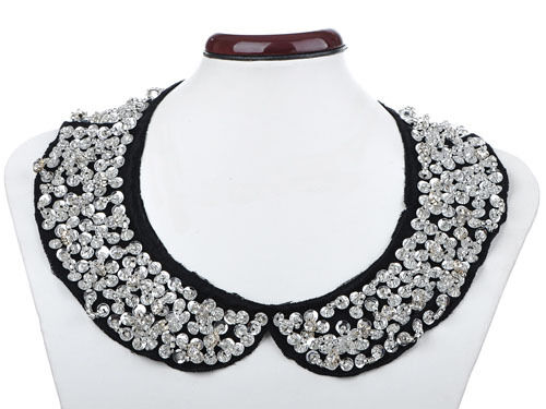 Statement Silver-Tone Clear Beads Sequins Fashion Peter Pan Collar Bib Necklace