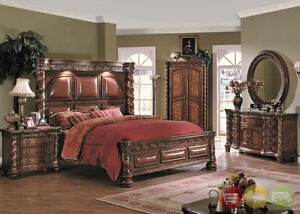 Stephano Queen Panel Bed w/ Leather & Marble Top 6 Piece Bedroom Furniture Set