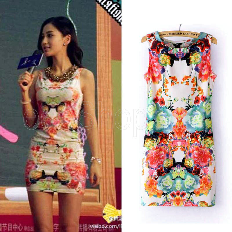 Summer New Women Floral Sexy Stretchy Sleeveless Vest Dresses Top T-shirt S M L