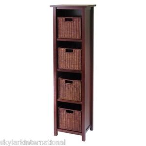 #TBC14  Bookcase Bookshelf Furniture Storage w/ 4 Wicker Baskets - Walnut Finish