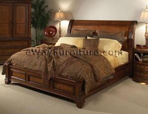 Vineyard King Low Profile Sleigh Storage Bed Bedroom Cherry Hardwood Furniture 
