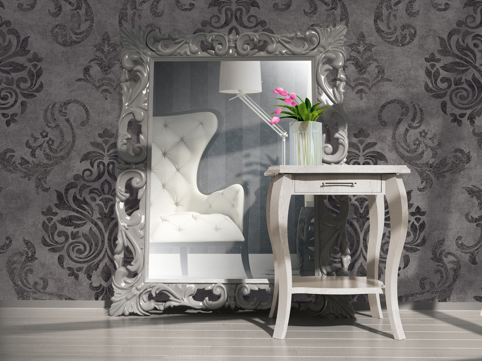 Schlafzimmer Tapete Gold : Vlies Tapete Barock Muster Ornament anthrazit grau silber glitzer Schlafzimmer Tapete Gold : Vlies Tapete Barock Muster Ornament anthrazit grau silber glitzer