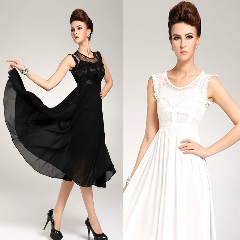 
                                WOMEN'S VINTAGE SLEEVELESS LACE CHIFFON LONG MAXI RUFFLE EVENING BALL GOWN DRESS