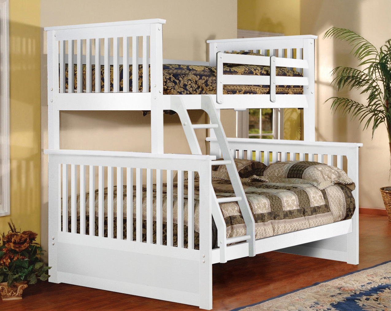 White Finish Wood Twin Over Full Size Convertible Bunk Bed