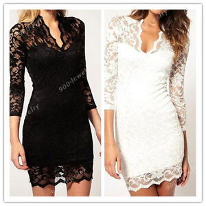 Black Lace Dress  Sleeves on Women S Black White Lace Dress Sexy V Neck Slim 3 4 Sleeve Cocktail