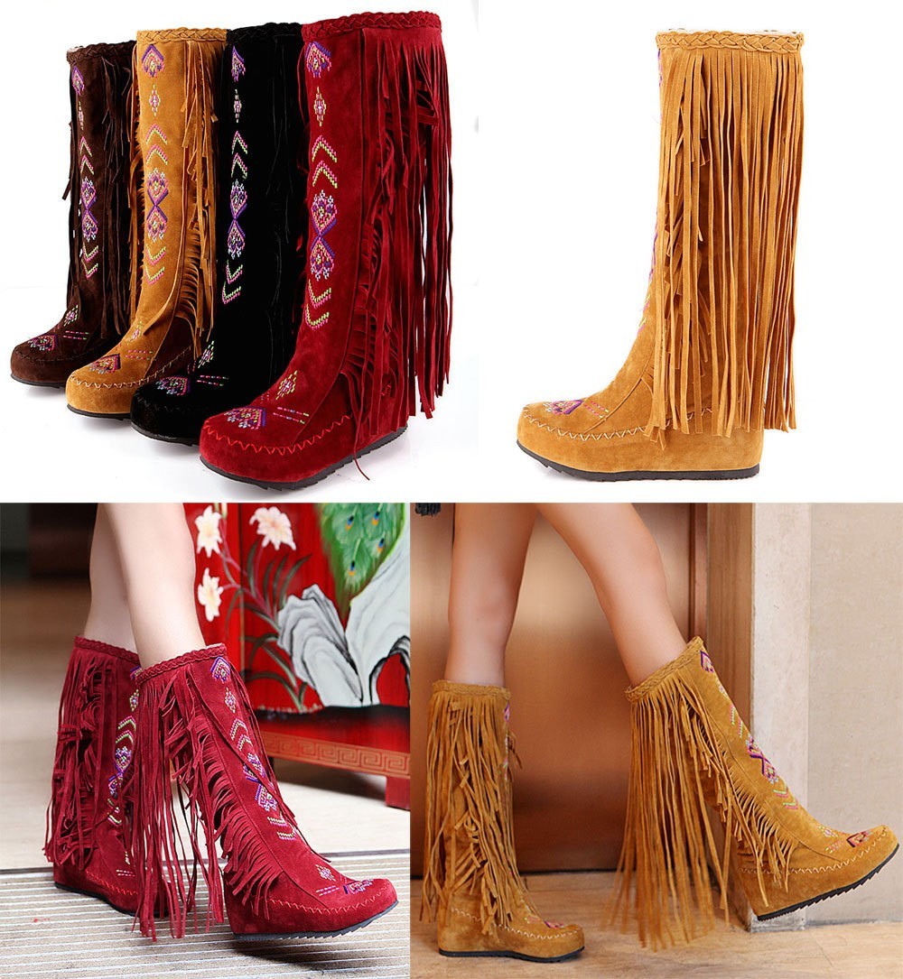 Women's Embroidery Fringe Tassels Mid Calf Knee High Boots Hidden Wedge Moccasin | eBay