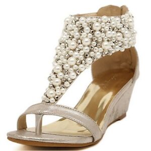 ... Gold-Sandals-Wedge-Heels-Ivory-Pearl-Open-Toe-Gladiator-Thongs-Shoes
