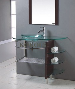 Bathroom Vanity Single Sink on Modern Bathroom Glass Bowl Clear Vessel Sink   Wood Vanity W Shelfs