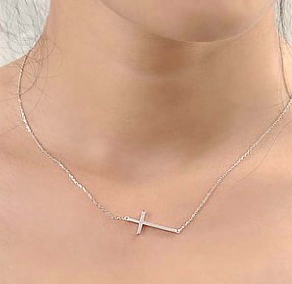 ... ladys Horizontal Sideways Cross 14k white Gold Plated Pendant Necklace