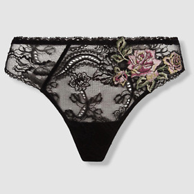 $133 Lise Charmel Women Black Floral Lace Thong Panty Size M
