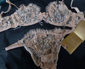 Agent Provocateur Soiree crystal BRA & Briefs 32D peach lace diamontes NEW boxed