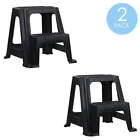 2 Step Plastic Stool with Non-Slip Step Treads Black (2-Pack)