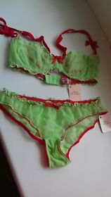 AGENT PROVOCATEUR RARE VINTAGE LIME GREEN/RED LOVE BRA 36C & BRIEF LARGE 12 BNWT