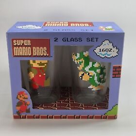 Nintendo Super Mario Bros Collectible 2 Pint Glass Set 16 oz Bowser 8-Bit NES