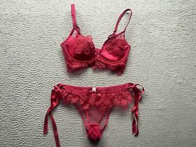 Agent Provocateur Lingerie Bra Set Womens 34D Seraphina Red Embroidery Tie Panty