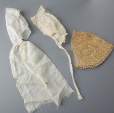 Vintage Antique Baby Doll Bonnet Lot of 3 White Cream Ribbons Lace