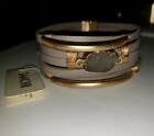 SAACHI bohemian cuff bracelet stone gold tone metal taupe leather magnetic SNAP 